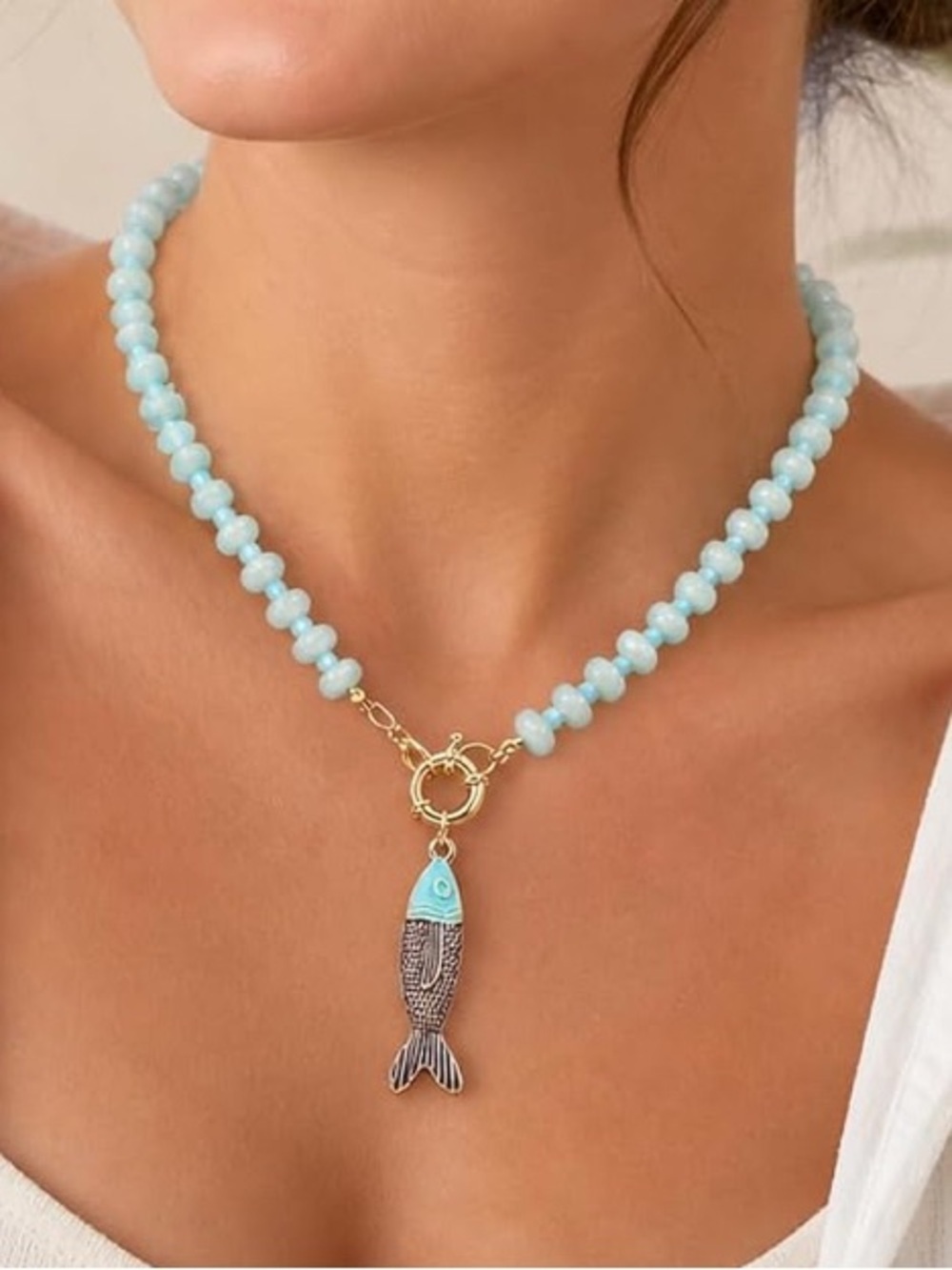 New! Blue Beaded Aqua Fish Pendant Necklace